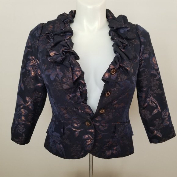 Rickie Freeman Teri Jon Puff Ruffled Collar Metallic Floral Blazer - Picture 10 of 13